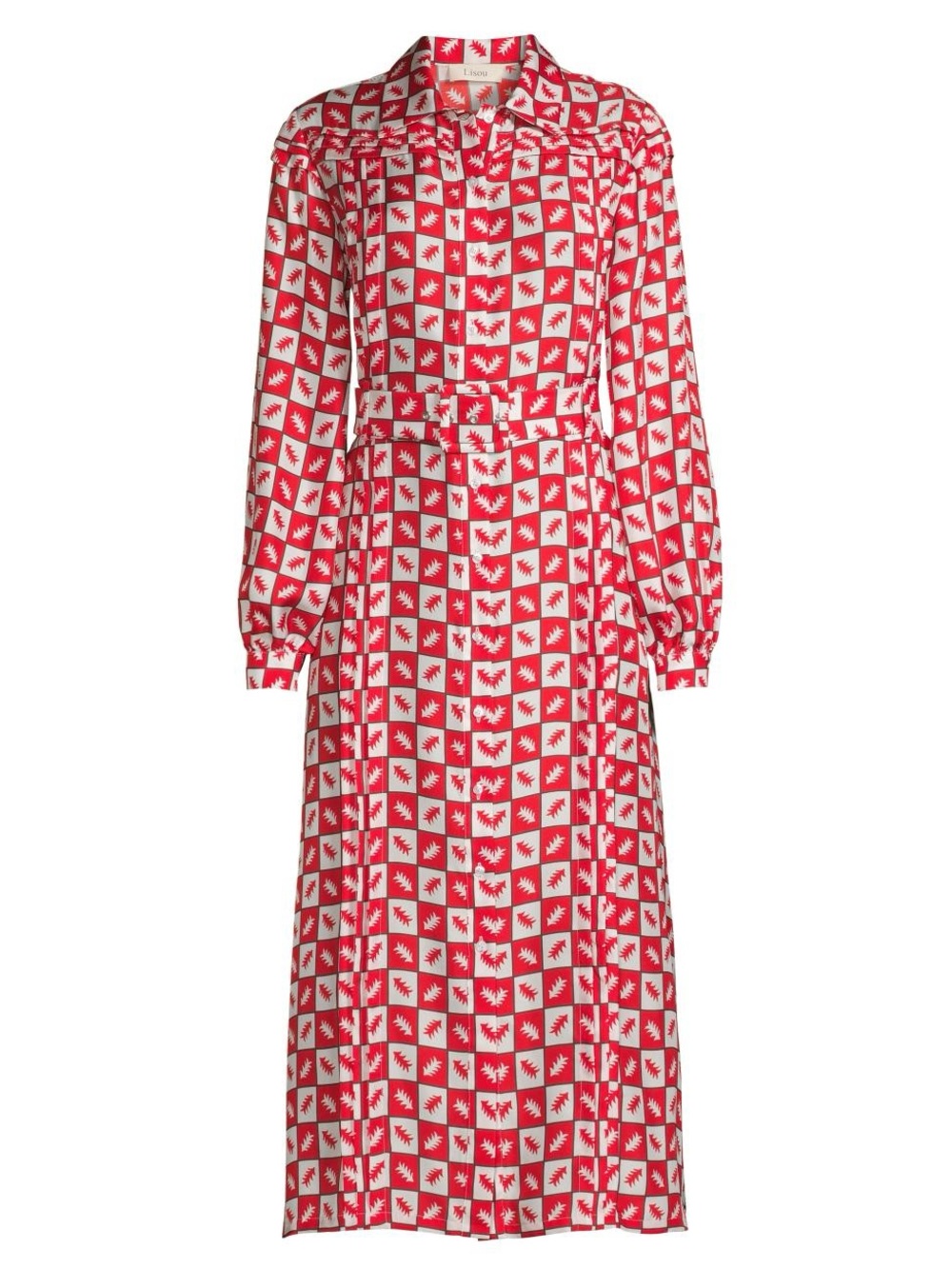 Lisou Red Fern 100% Silk Dress Geometric Long Sleeve Dress